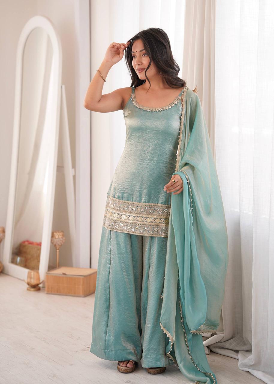 Sea Green Mirror Work Embroidery Palazzo Suit Set