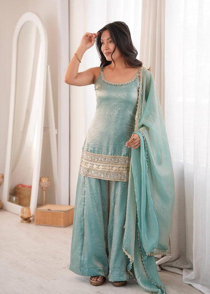 Sea Green Mirror Work Embroidery Palazzo Suit Set