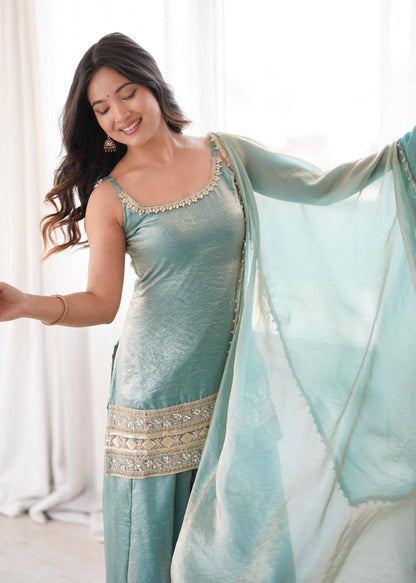 Sea Green Mirror Work Embroidery Palazzo Suit Set