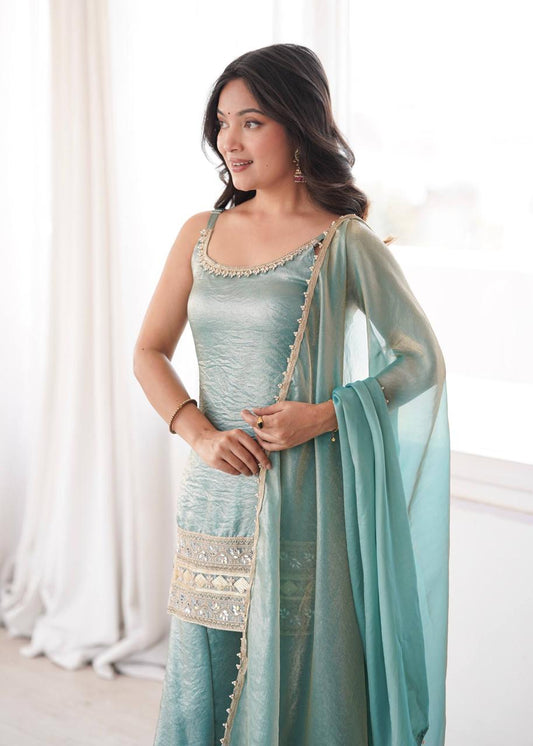 Sea Green Mirror Work Embroidery Palazzo Suit Set