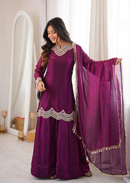 Wine Fendy Silk Mirror Work Sharara Suit Set