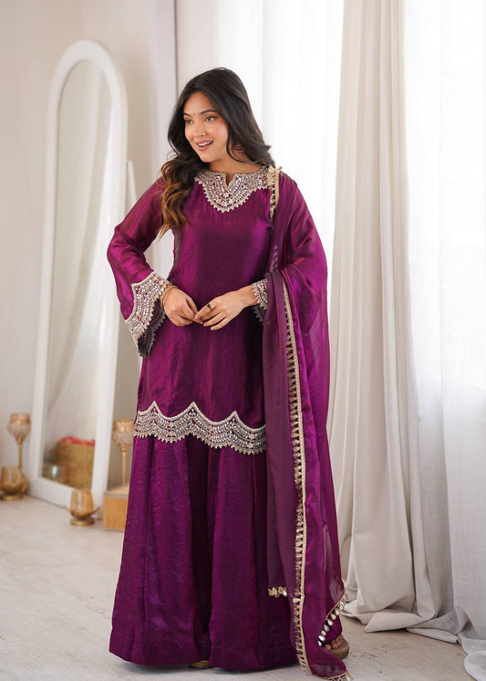 Wine Fendy Silk Mirror Work Sharara Suit Set