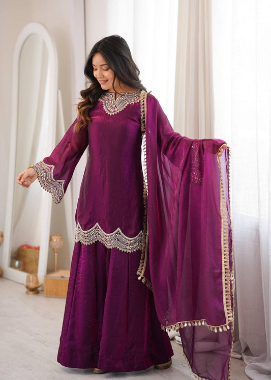 Wine Fendy Silk Mirror Work Sharara Suit Set
