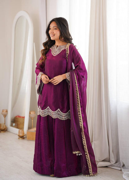 Wine Fendy Silk Mirror Work Sharara Suit Set