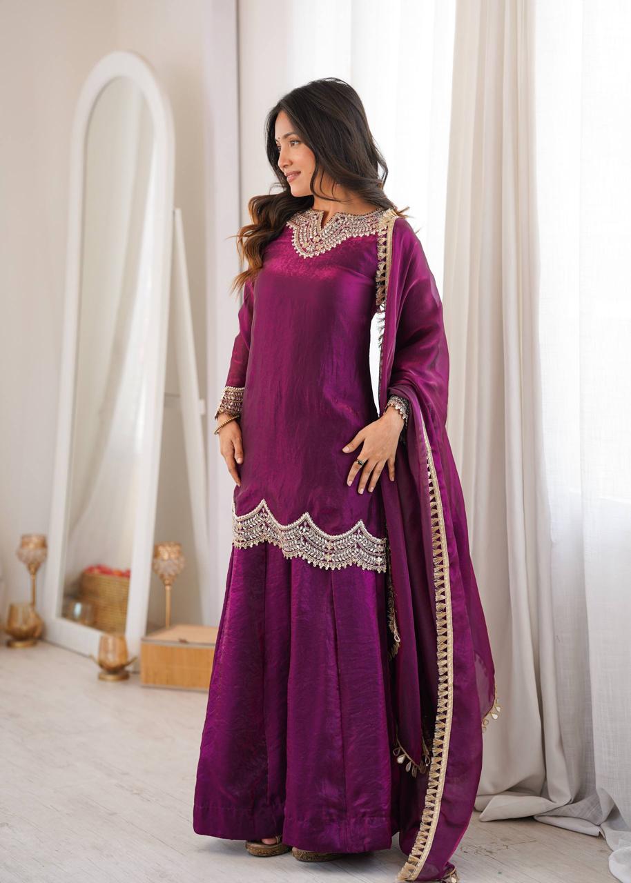 Wine Fendy Silk Mirror Work Sharara Suit Set
