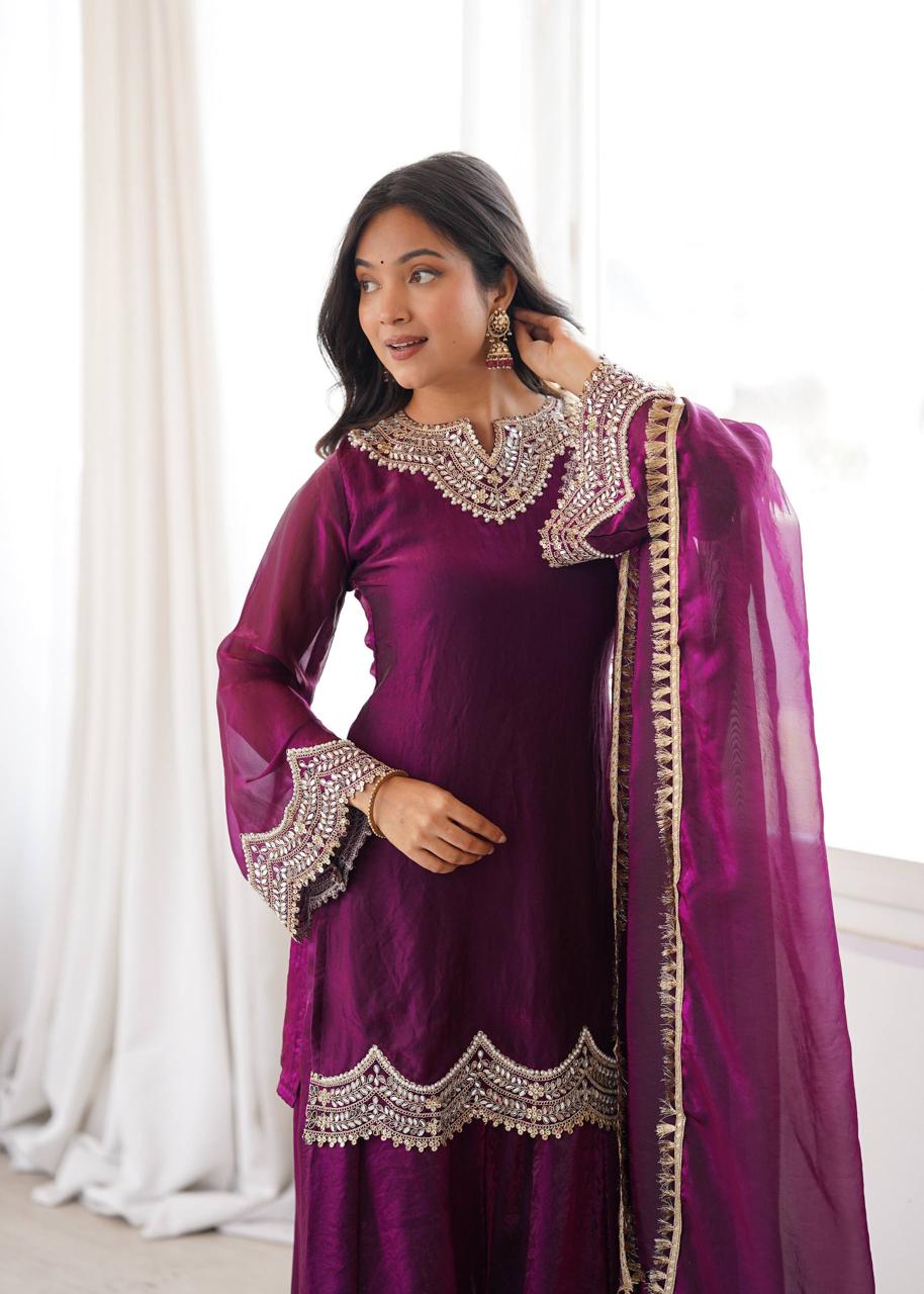 Wine Fendy Silk Mirror Work Sharara Suit Set