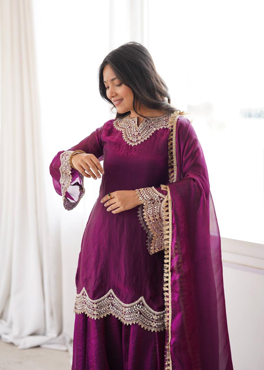 Wine Fendy Silk Mirror Work Sharara Suit Set