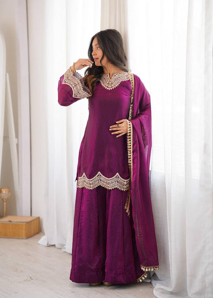 Wine Fendy Silk Mirror Work Sharara Suit Set