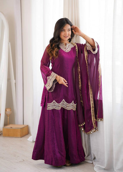 Wine Fendy Silk Mirror Work Sharara Suit Set