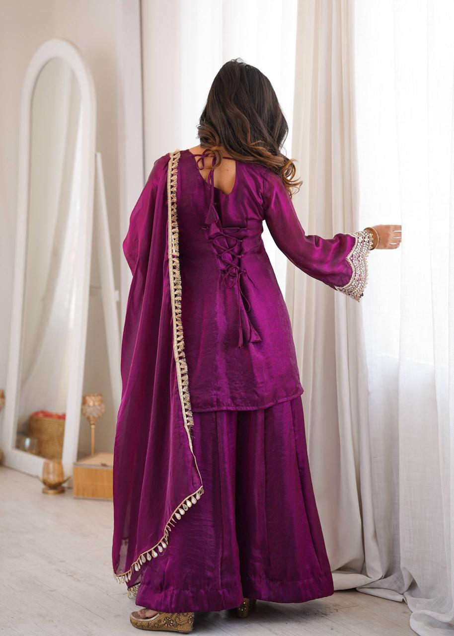 Wine Fendy Silk Mirror Work Sharara Suit Set