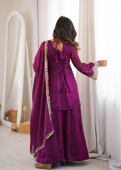 Wine Fendy Silk Mirror Work Sharara Suit Set