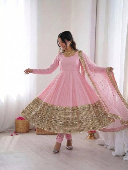 Pink Coding Sequence Embroidery Anarkali Gown