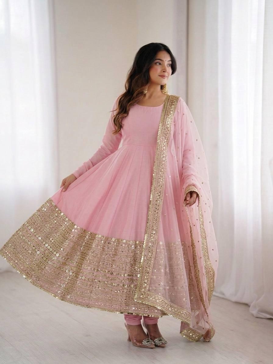 Pink Coding Sequence Embroidery Anarkali Gown