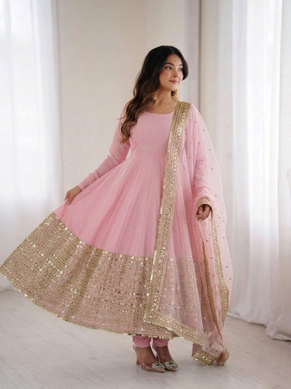 Pink Coding Sequence Embroidery Anarkali Gown