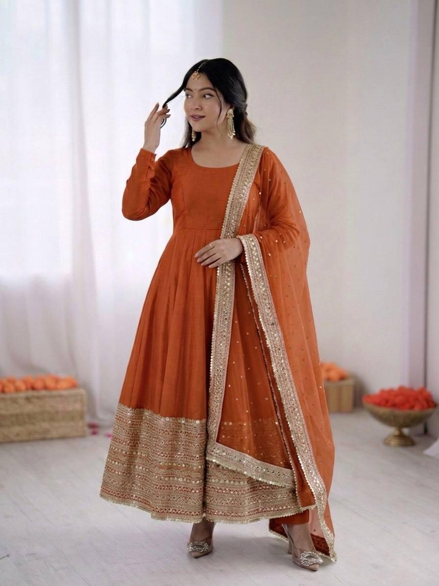 Orange Coding Sequence Embroidery Anarkali Gown
