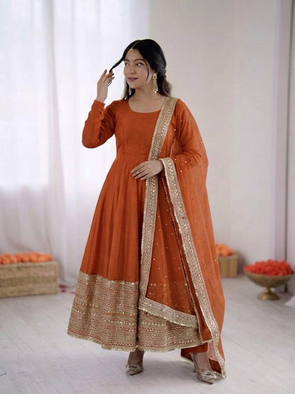 Orange Coding Sequence Embroidery Anarkali Gown