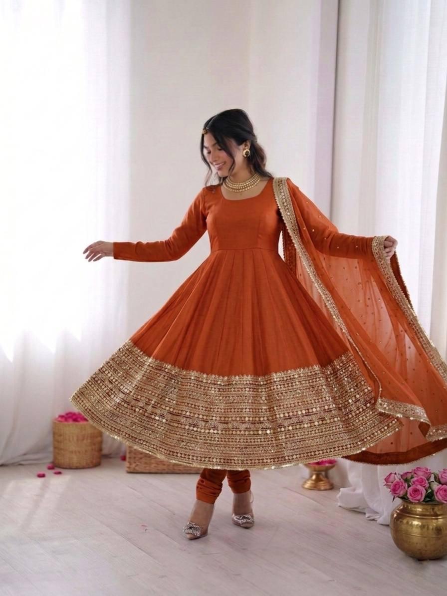 Orange Coding Sequence Embroidery Anarkali Gown