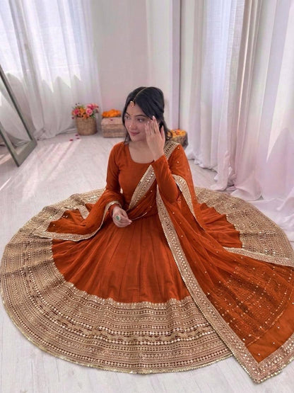 Orange Coding Sequence Embroidery Anarkali Gown