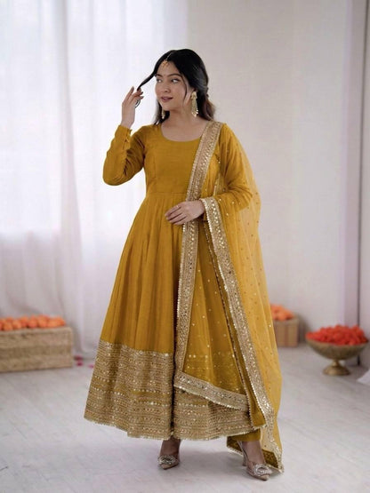 Yellow Coding Sequence Embroidery Anarkali Gown
