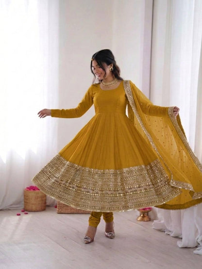 Yellow Coding Sequence Embroidery Anarkali Gown