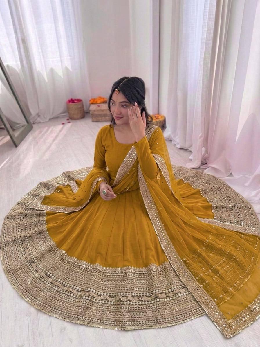Yellow Coding Sequence Embroidery Anarkali Gown