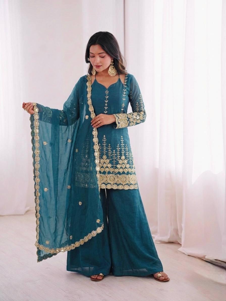 Teal Blue Embroidery Sequence Work Sharara Suit Set