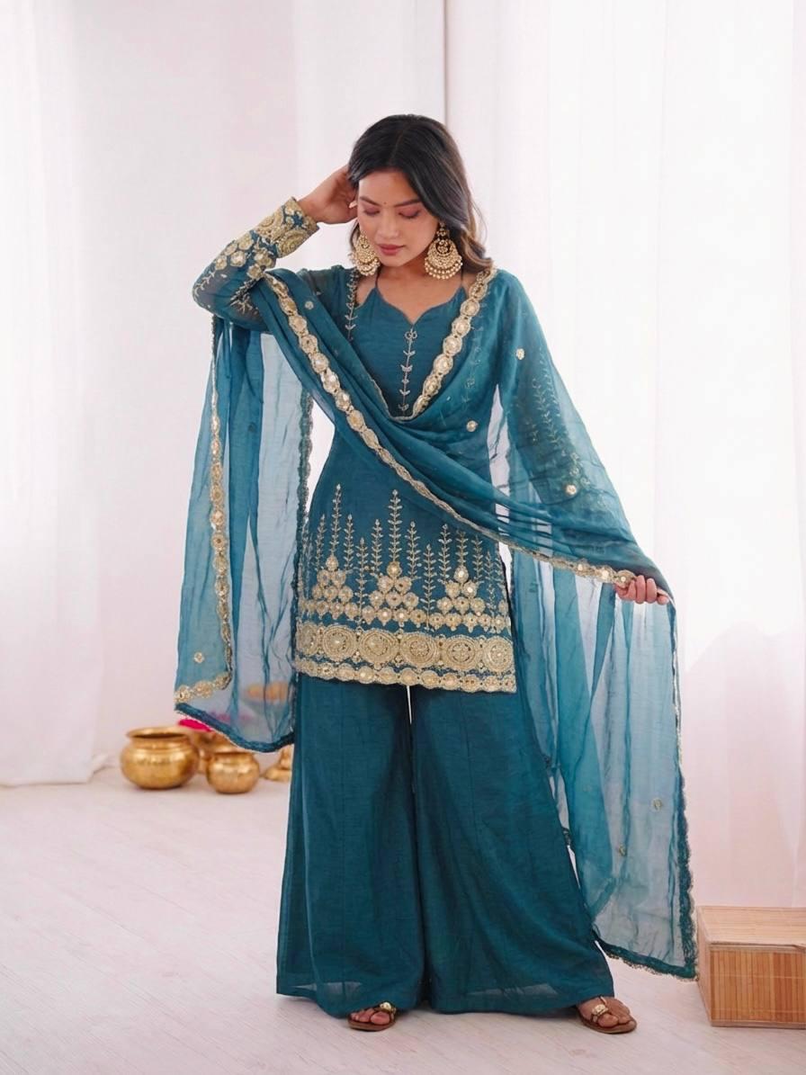 Teal Blue Embroidery Sequence Work Sharara Suit Set