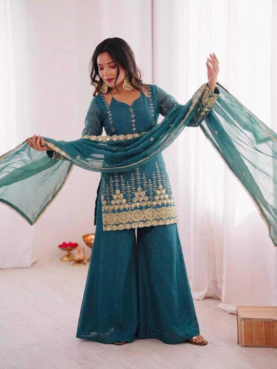 Teal Blue Embroidery Sequence Work Sharara Suit Set