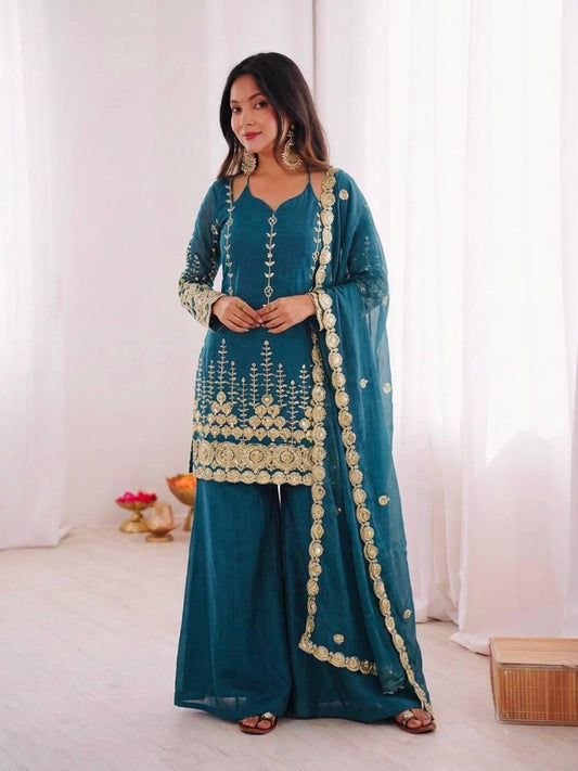 Teal Blue Embroidery Sequence Work Sharara Suit Set