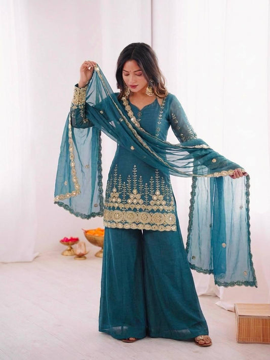 Teal Blue Embroidery Sequence Work Sharara Suit Set