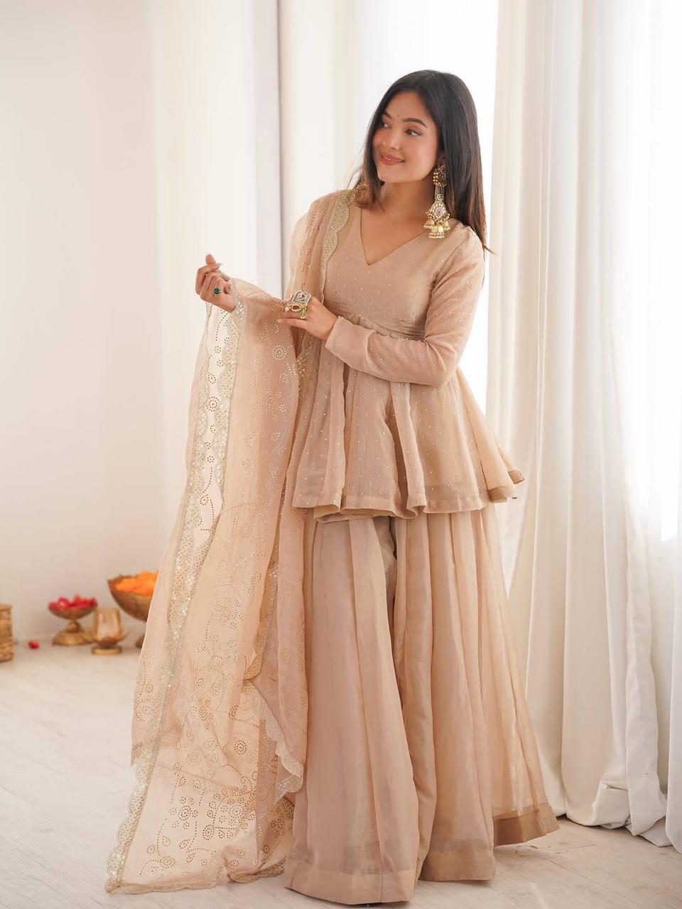 Beige Mukaish Work Sharara Palazzo Suit Set
