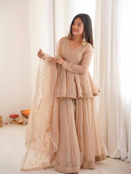 Beige Mukaish Work Sharara Palazzo Suit Set