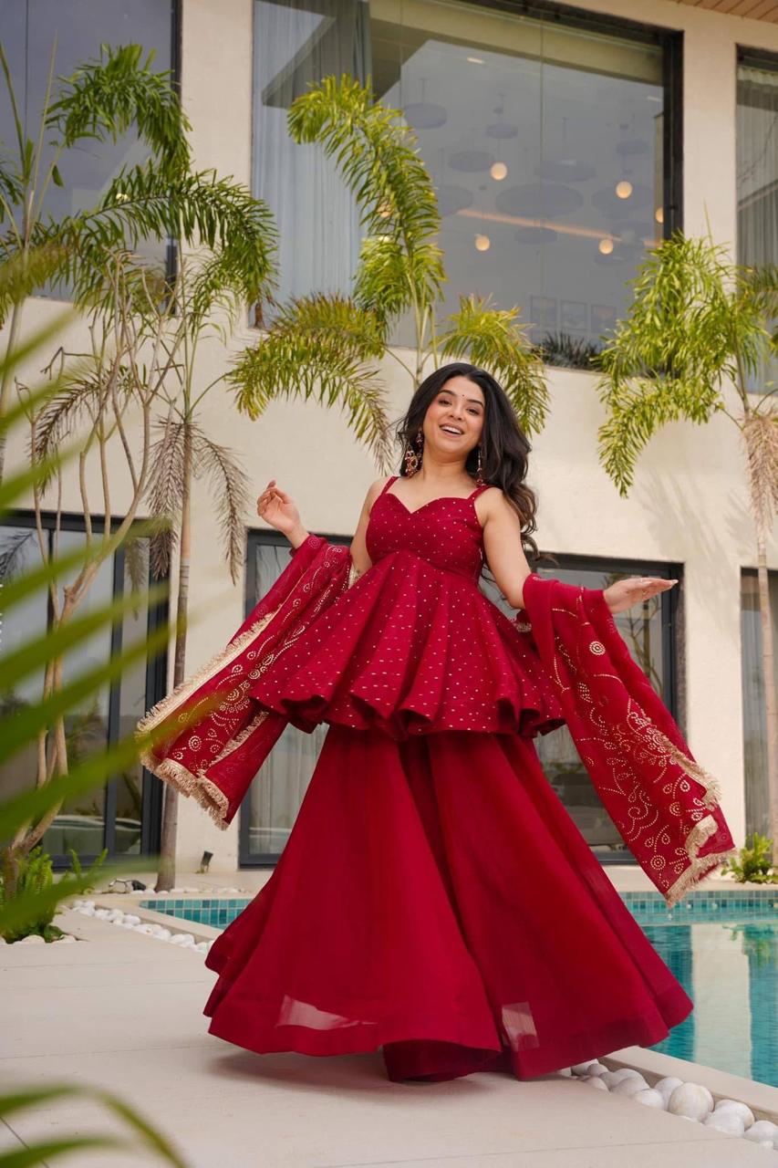 Red Mukaish Work Sharara Palazzo Suit Set - Red