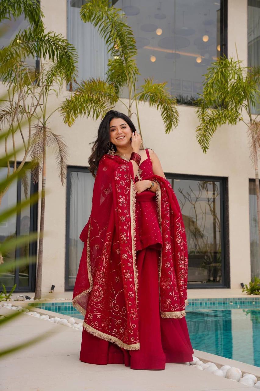Red Mukaish Work Sharara Palazzo Suit Set - Red