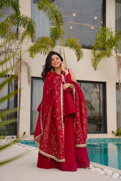Red Mukaish Work Sharara Palazzo Suit Set - Red