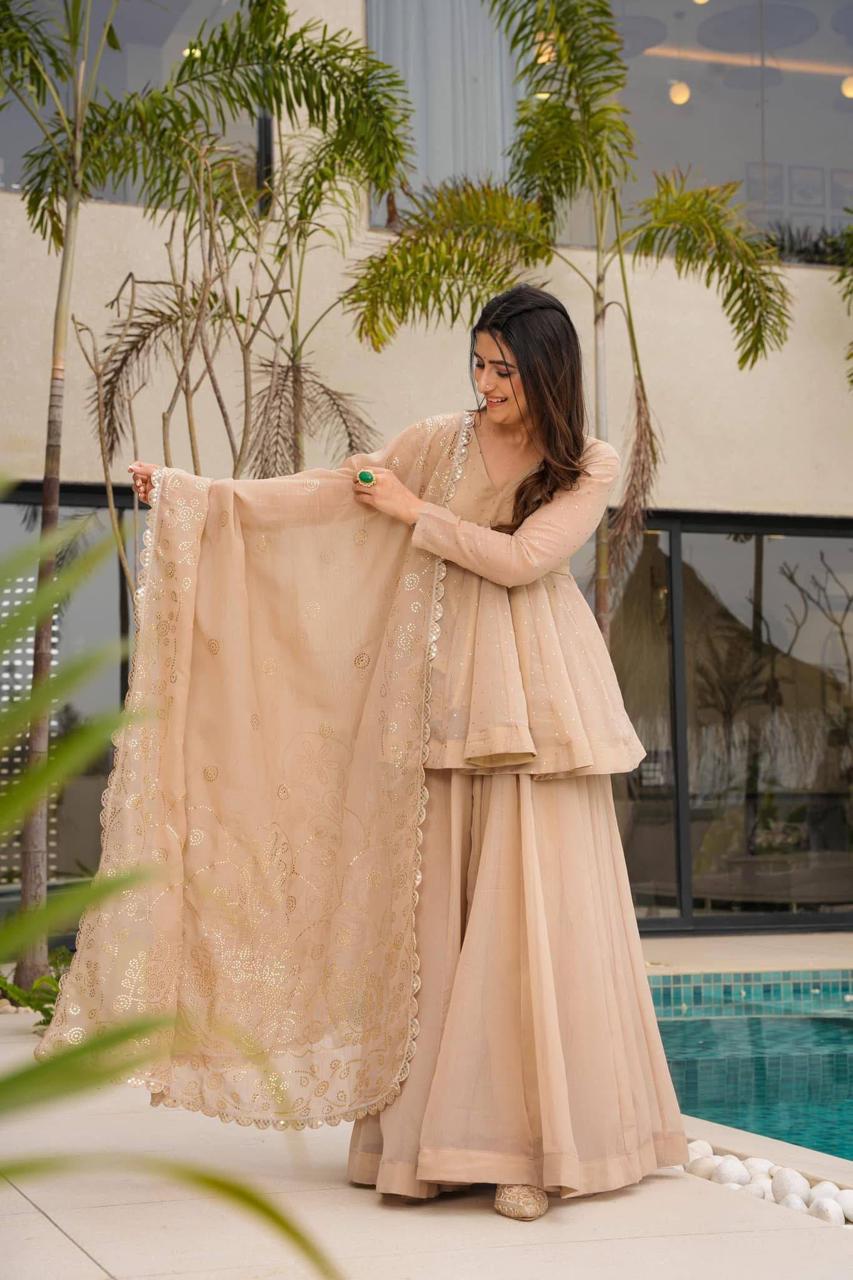 Beige Mukaish Work Sharara Palazzo Suit Set