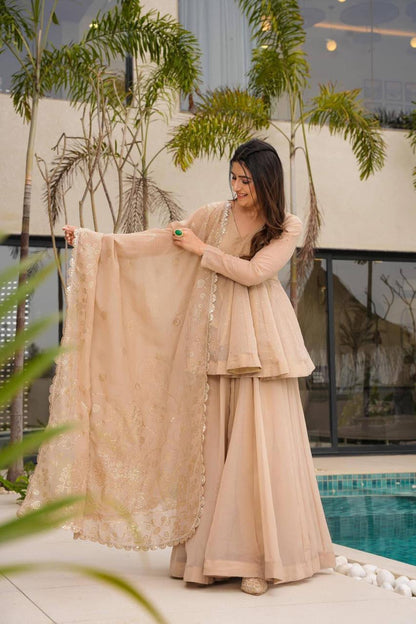 Beige Mukaish Work Sharara Palazzo Suit Set