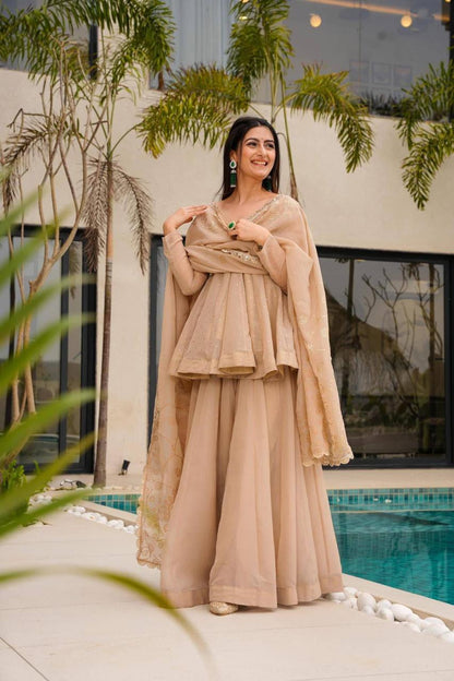 Beige Mukaish Work Sharara Palazzo Suit Set