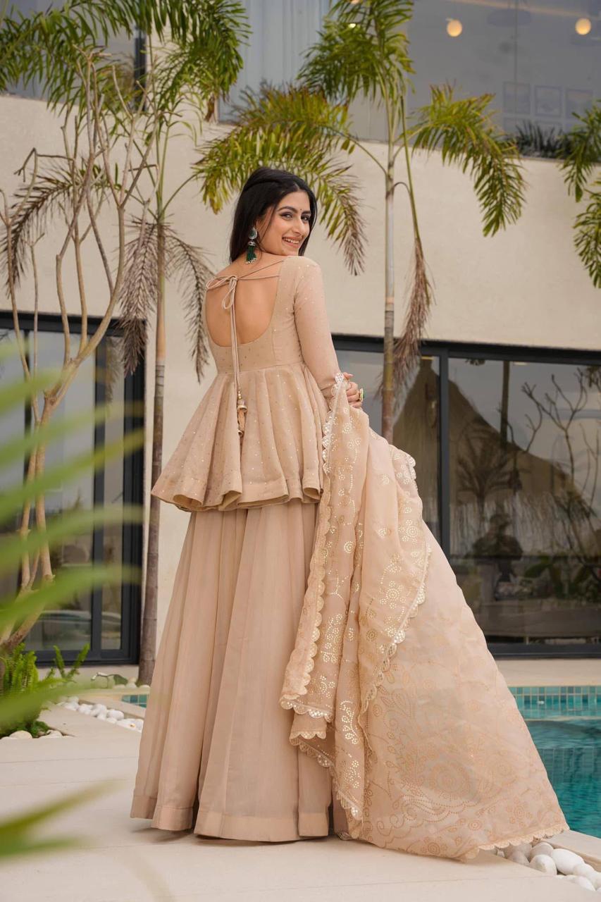 Beige Mukaish Work Sharara Palazzo Suit Set