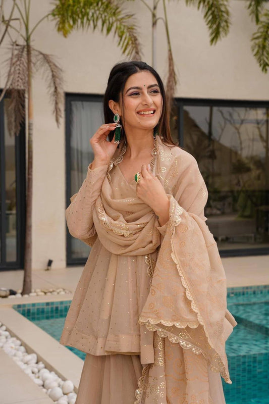 Beige Mukaish Work Sharara Palazzo Suit Set