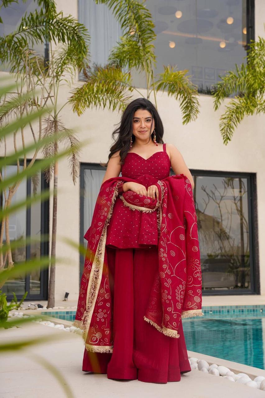 Red Mukaish Work Sharara Palazzo Suit Set - Red