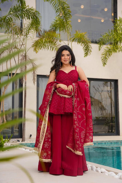 Red Mukaish Work Sharara Palazzo Suit Set - Red