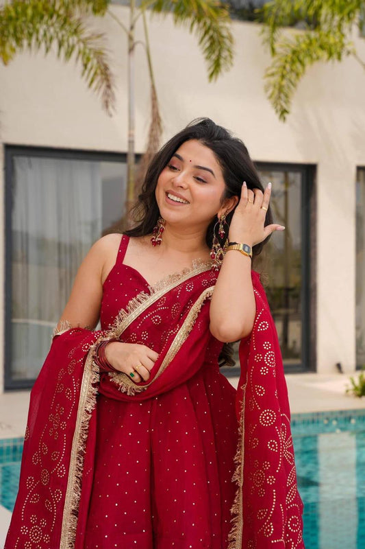 Red Mukaish Work Sharara Palazzo Suit Set - Red