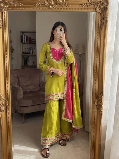 Olive Green Mirror Work Palazzo Suit Set