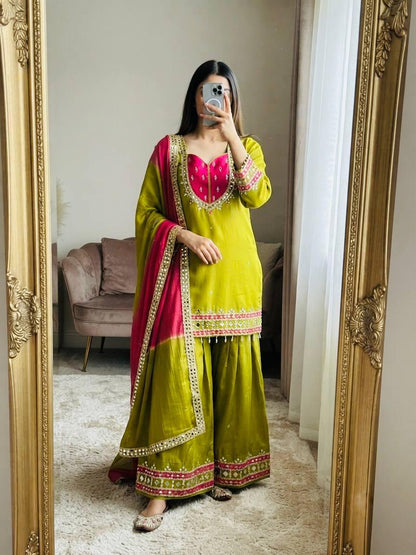 Olive Green Mirror Work Palazzo Suit Set