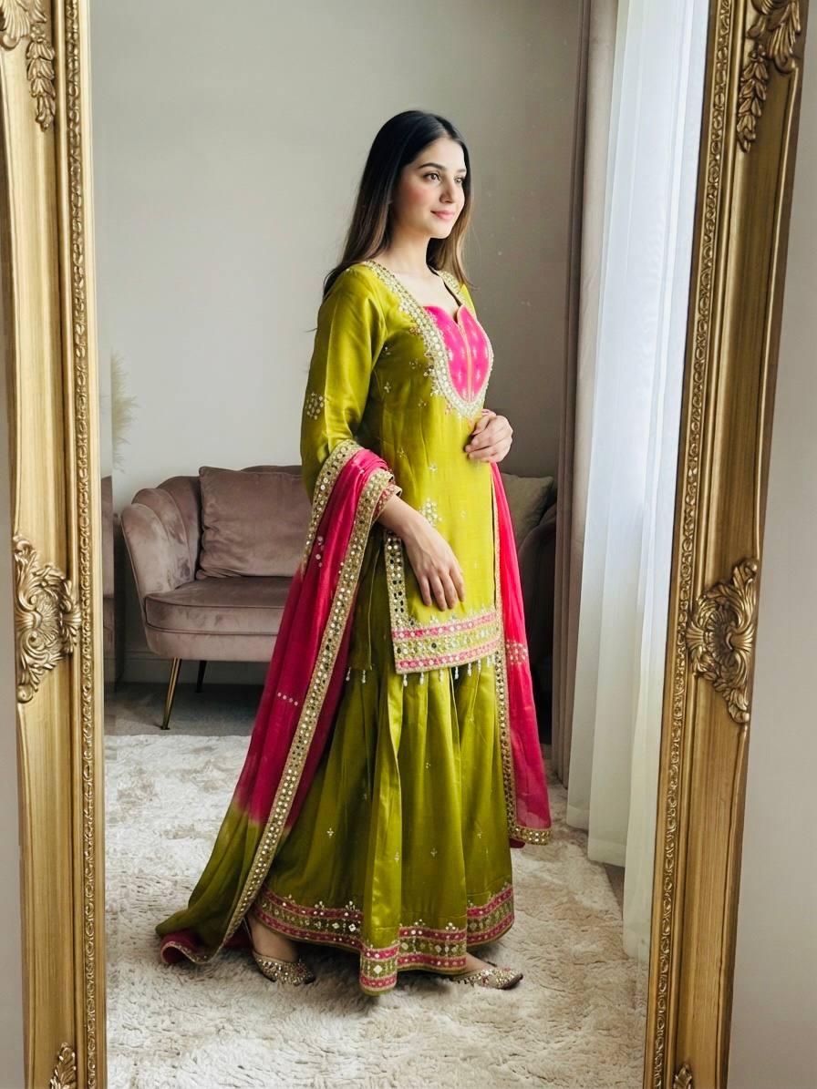 Olive Green Mirror Work Palazzo Suit Set