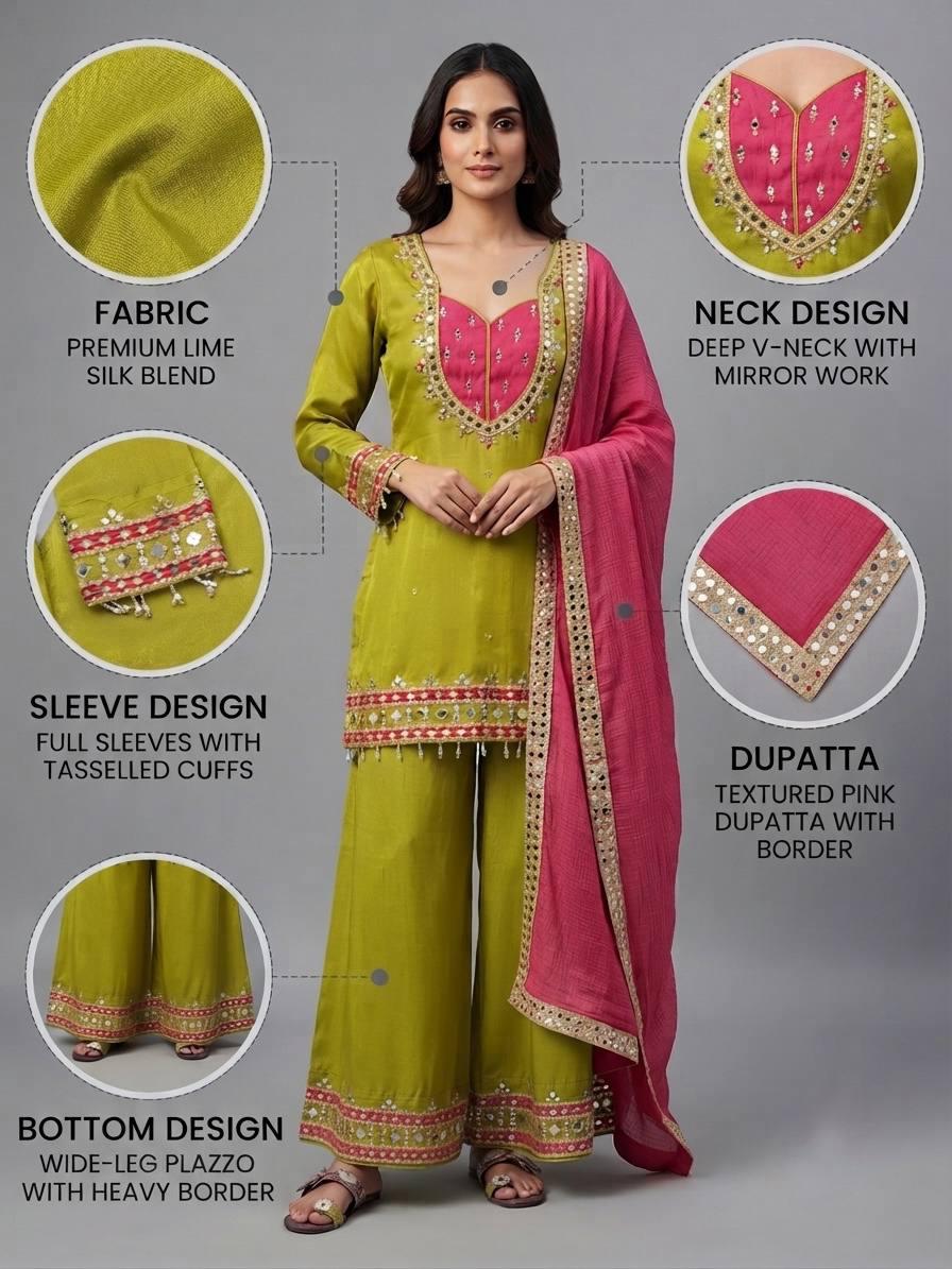 Olive Green Mirror Work Palazzo Suit Set