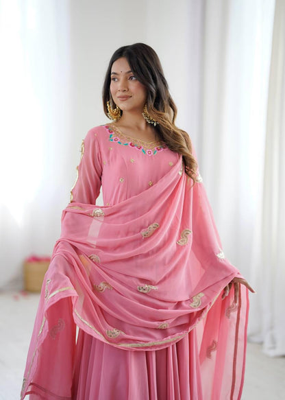 Pink Embroidery Sequence Work Anarkali Suit Set
