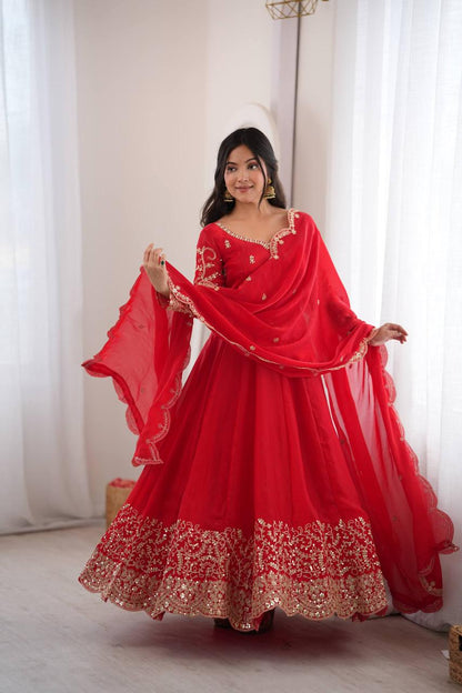 Embroidery Codding And Sequence Work - Red