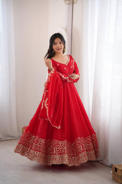 Embroidery Codding And Sequence Work - Red